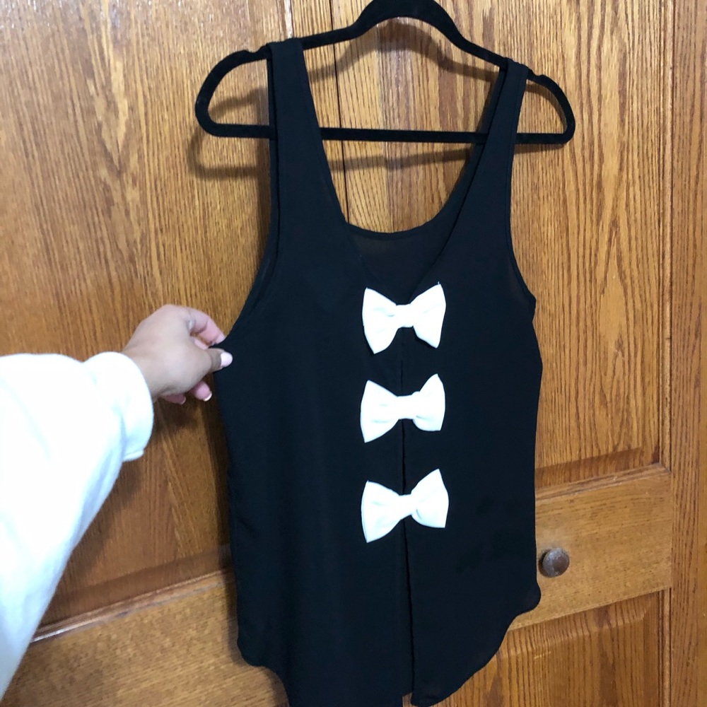 sheer chiffon black tank with white bow details